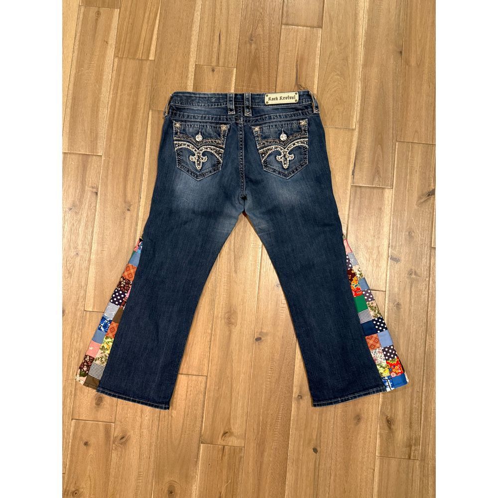 Rock Revival Antique Quilt Patchwork Panel Customized Capri Jeans 31 Jessica